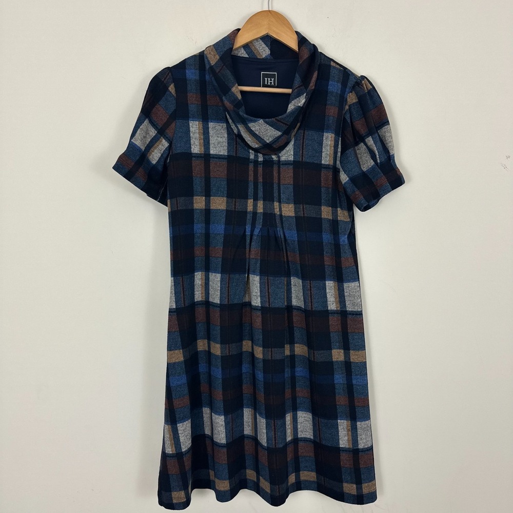 Jessica Howard Academia Dress Blue Plaid Stretch Cowl Neck Puff Sleeve S